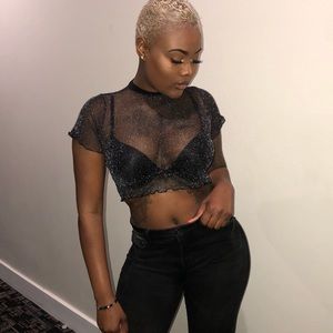 Sheer, Glittered short sleeve crop top